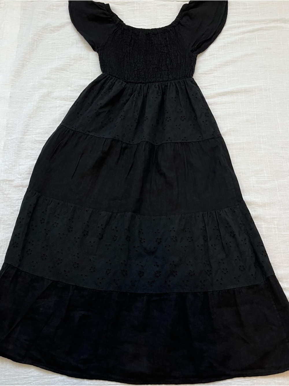 Valentina Naldi 100% Linen Black Smocked Bodice Tiered Maxi Dress